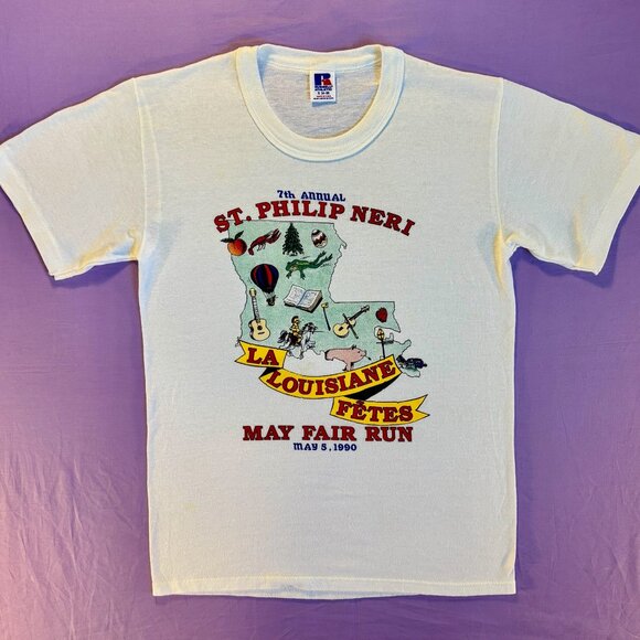 Vintage 1990 St. Philip Neri Louisiana May Fair Run T-Shirt Russell Athletic USA - Picture 1 of 3